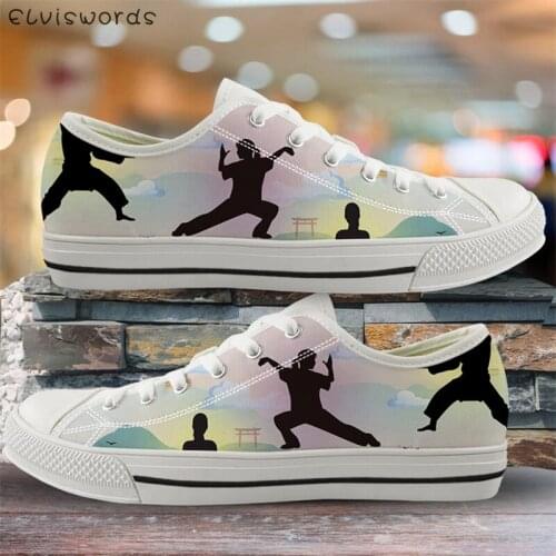 ELVISWORDS Hot Women Low Top Canvas Shoes Karate Kung Fu Design Girls Casual Flat Sneakers Lace Up Outdoor Walk Shoes Zapatillas