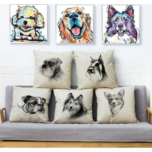 Watercolor Pencil Drawing Dog Pattern Linen Cushion Cover 45*45cm Animal Printed Car Pillow Case Sofa Home Decon Pillowcase