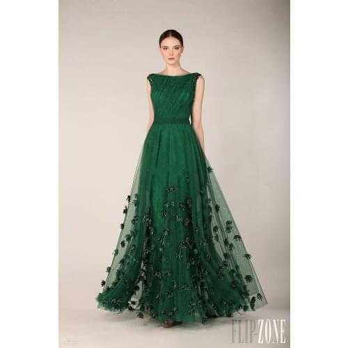Fashionable Elegant Dress Emerald Green Tulle Long A-Line Cap Sleeve Flower Evening Dress Prom Red Carpet Gown 2020