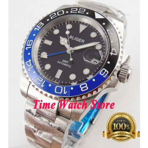 40mm Bliger sapphire glass black dial ceramic bezel date window GMT Automatic movement Mens watch 175