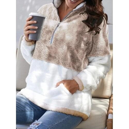 Autumn Winter Soft Casual Loose Warm Jacket Half Zipper Fluffy Sweatshirts Women Pullovers Patchwork Woman Tops