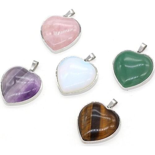 Natural Crystal Stone Pendants Heart Shape Rose Quartzs Amethysts Opal Charms for Jewelry Making Necklace Bracelet DIY Gift