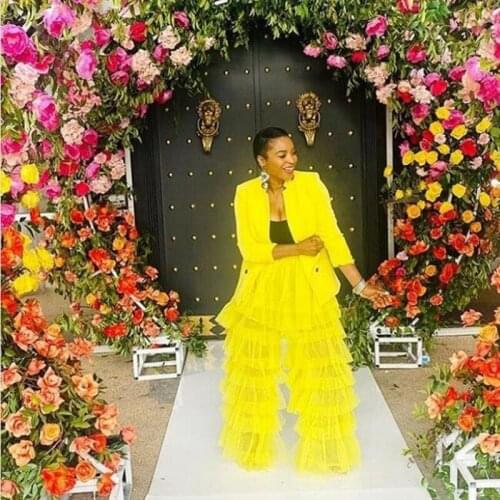 Puffy Long Pants Tiered High Waist Layered Women Pants Yellow Party Outfit Bright Fashion Custom Made