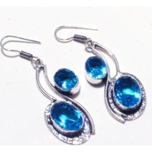Blue Topas Earrings Silver Overlay over Copper Hand made Women Jewelry Gift