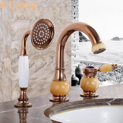 Rose Gold Faucets Bathroom Hot Cold Mixer Tap 3 Holes Deck Mounted Jade Torneira Brass Basin Sink Faucet with Pull Out Sprayer