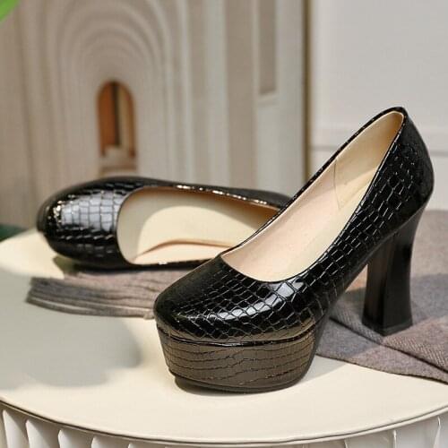 Bright Red Mesh Texture Thick Heel Pumps Simple Sexy Waterproof Platform PU High Heels Stone Pattern Womens Shoes