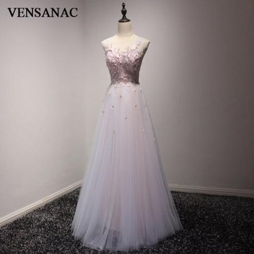 VENSANAC 2018 O Neck Lace Embroidery A Line Long Evening Dresses Elegant Party Beadings Flowers Tulle Prom Gowns