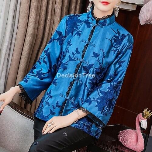 2021 vintage satin lace blouse chinese style cheongsam tops woman china classical qipao shirt chinese style embroidery tea top