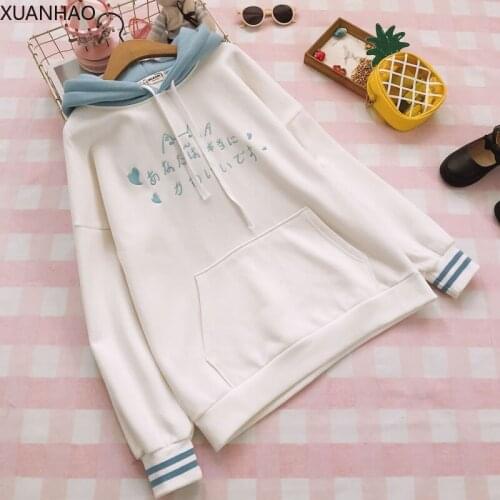 XUANHAO Kawaii Sweet Womens Hoodies Sweatshirts Letter Embroidery Winter Warm Velvet Thick Hooded Sweatshirt White Pullovers