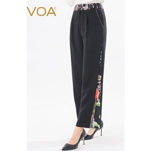 VOA Silk 60m/m Frosted Black Womens Trousers Material Stitching Diagonal Slot Pocket Micro-elastic Straight Wide-leg Pants K1296
