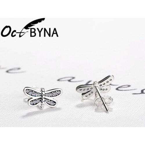 OCTBYNA 2019 New Vogue Silver Color Tiny Dragonfly Stud Earrings For Women Fashion Trendy Crystal Earring Girl Jewelry Party
