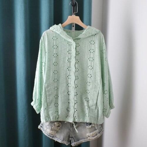 FairyNatural Women Vintage Hollow Out Hooded Tops Shirt Long Sleeve Single Breasted Ladies Thin Cardigan Coat Autumn Spring