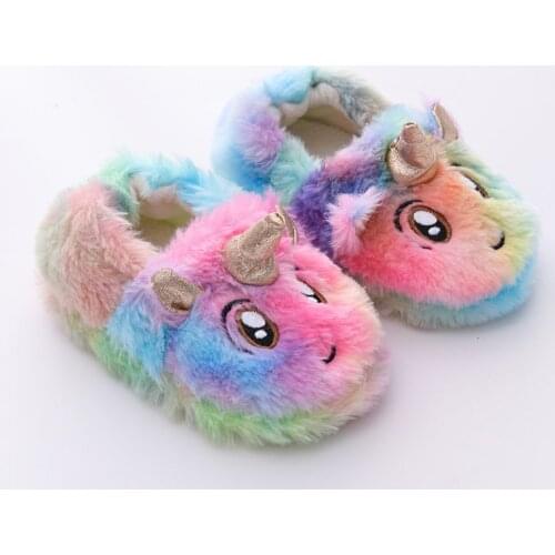Unicorn Winter Slippers Kids Toddler Girl Flip Flop Baby Boys Fur Slides Cotton Indoor Shoes Warm Fluffy House Children Slipper