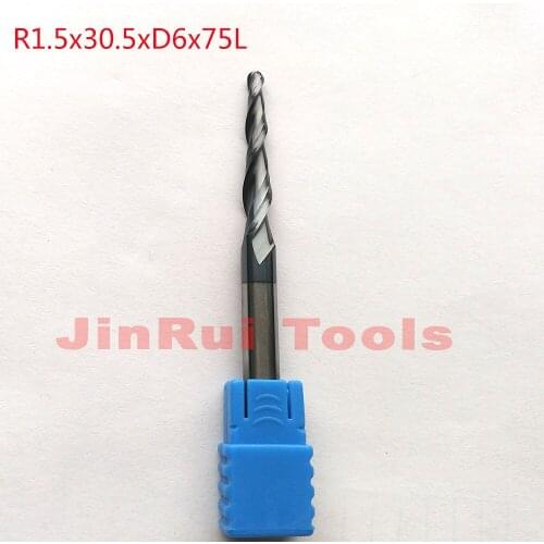 1pc R1.5*D6*30.5*75L*2F HRC55 Tungsten solid carbide Coated Tapered Ball Nose End Mills CNC milling cutters knife