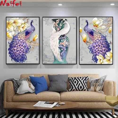 5d Diamond Painting Full Square Round Living Room Triptych Vase Peacocks Diamond Mosaic Cross Stitch Diamond Embroidery