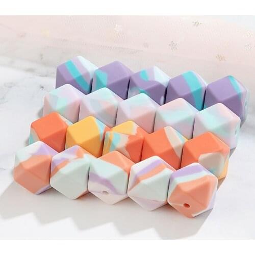 50pcs 14mm hexagon Silicone Beads Water Printing Sensory Teething DIY Accessories Pacifier Chain PVC Free Baby Gift