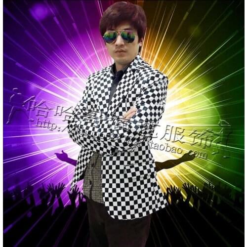 Black and white lattice clothes men pu suits designs homme terno stage singers leather jacket men blazers dance star style punk