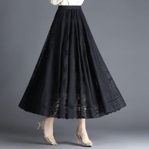 Black Lace Skirts Female Spring & Summer 2021 New High Waist Mesh Pleated Skirt Large Swing Dress for Young Women BSQ456