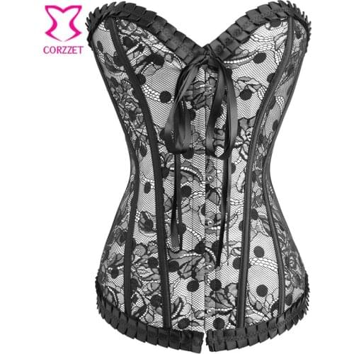 Black Lace & Polka Dot Beige Satin Bustier Corset Overbust Corpetes E Espartilhos Para Festa Korsett For Women Gothic Clothing