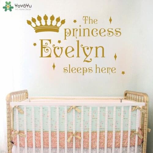 Kids Room Wall Decal Quote Princess Sleeps Here Crown Pattern Wall Stickers Vinyl Personalized Name Decal Custom Name MuralSY339