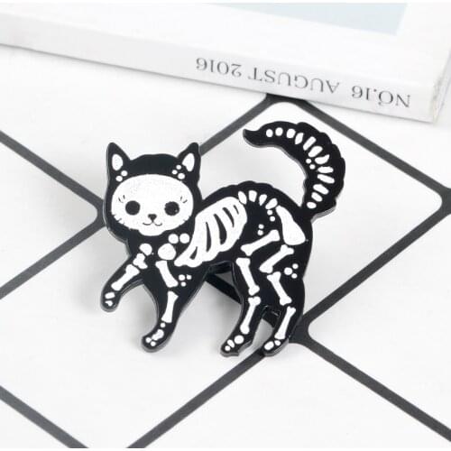 Cat Skeleton Enamel Pin Cartoon Animal Brooches Halloween Kitten Kitty Badge Lapel Pin Animal Jewelry Gift for friend Cat lovers