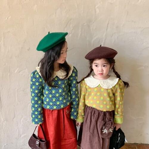 2021 autumn and winter girls' special fabric shirt floral doll neck thickened T-shirt sweater