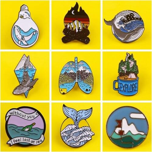 Whale Ocean Wave Badges On Clothes Outdoor Travel Metal Pins On Bag Backpack Icon Lapel Pin Badges Mountain Badge Accessorie DIY