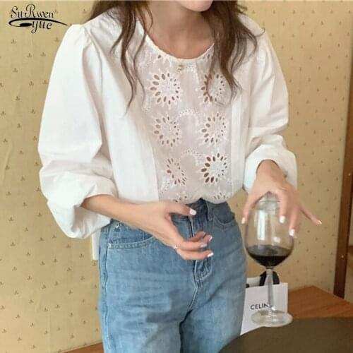 Fashion Crochet Hollow Out White Blouse 2021 New Korean O-Neck Loose Top Gentle Solid Chic Long Sleeve Shirt Women Clothes 14218