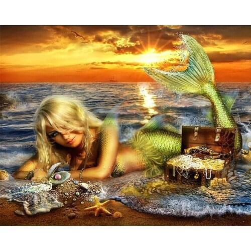 Mermaid seaside Needlework Aida sets Cross stitch 14CT Unprinted Embroidery kits Arts Cross-Stitching,DIY Handmade Home Decor