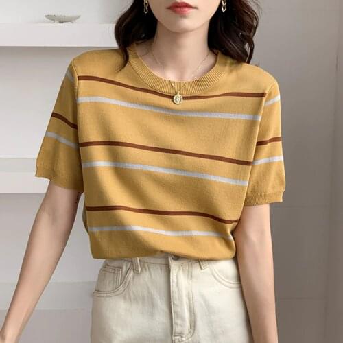 GGRIGHT Striped Knitted T Shirt Summer Short Sleeve Women Top Pink Tshirt Cotton Loose Korean Style T-shirt Women Clothes