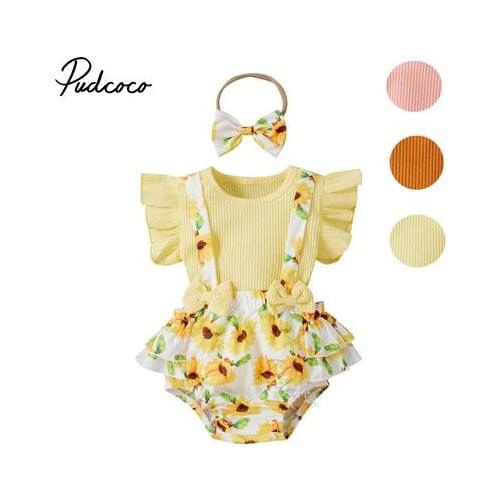 Toddler Baby Sunflower Printing Three-pieces Set Infant Girl O-neck Flying Sleeve Tops + Suspender Shorts + Headband Set Summer