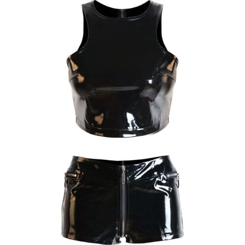 Sexy Women Steampunk Wet Look PVC Leather Women Set Black Pullover Top Solid Zipper Shorts Nightclub DS Outfit