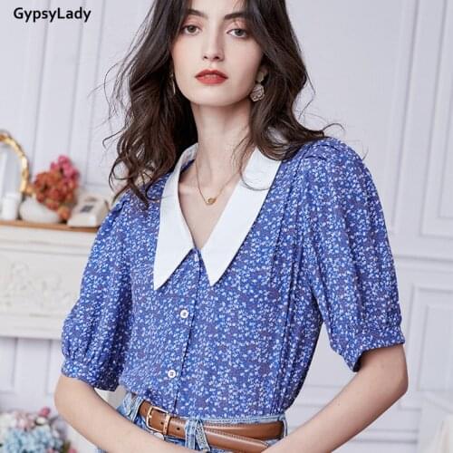 GypsyLady Blue Floral Printed Blouse Shirt French Chic Office Blouse Tops Puff Sleeve Oversized Loose Women Ladies Female Tops