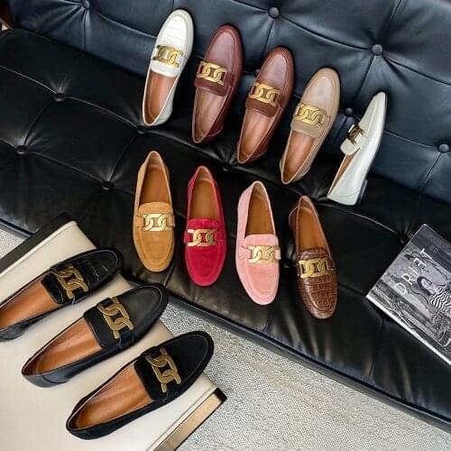 SKLFGXZY Leisure Cow Leather Autumn Shoes Metal Fasteners Convenient Maiden Women Round Toe Low Square Heel Slip on Pumps