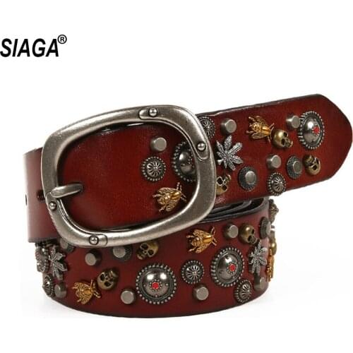 Unisex Personalized Rivet Punk Knight Style Retro Pin Belts Cowhide Leather Belt for Women Accessories 3.8cm Width SA010