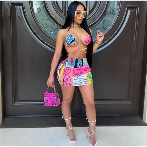 VAZN 2021 Summer Tie Dye Print Sleeveless Swimming Sexy Bikini Beach Suits 2 Piece Set Women Top And Pant