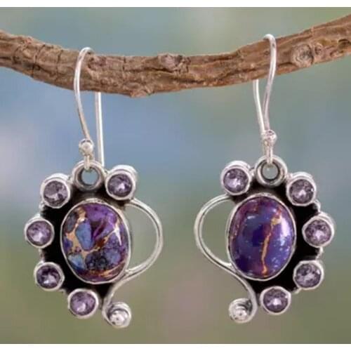 Vintage Bohemia Drop Earrings for Women Silver Color Purple Resin Stone Dangle Hook Earring Ladies Wedding Party Jewelry Gift