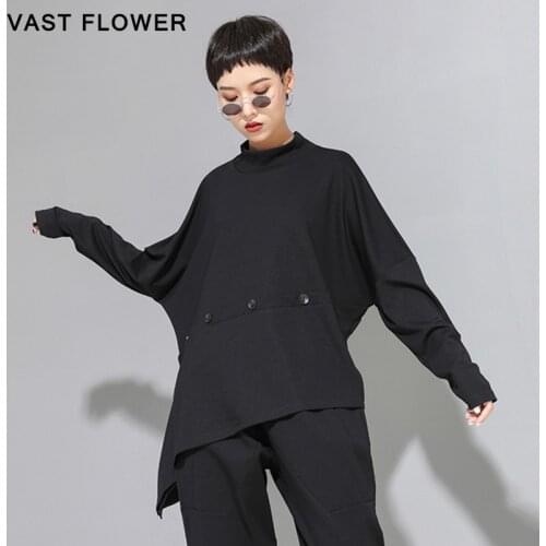 2021 Spring Autumn Black Vintage Asymmetry Tshirt Women Plus Size Long Sleeve Button Loose Casual T-shirt Tops Fashion Clothes