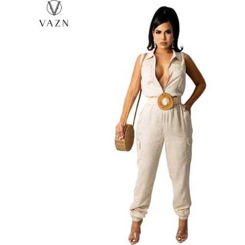 VAZN 2021 Ins Solid High-end Chiffon Overalls Sexy Free Style Tank Sleeve Women Slim Straight Nature Jumpsuits