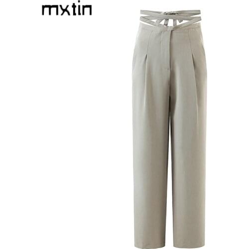 MXTIN 2021 Women Summer Vintage Solid Bow Tie Sashes Pants Fashion Zipper Fly Back Pockets Office Lady Female Ankle Trousers