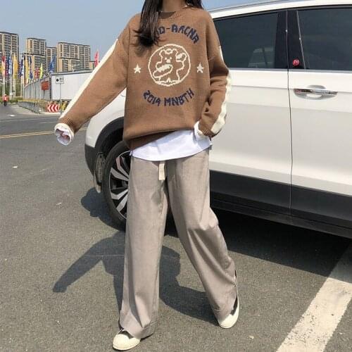 Retro Contrast Color Stitching Bear Pattern Sweater Womens Sweaters Japanese Kawaii Ulzzang Female Harajuku Clothing For Women