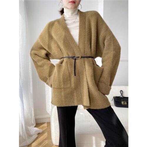 [ZAYAU]Winter Lazy Wind Imitation Mink Cashmere Sweater Coat womens Medium Length Loose Knitted Cardigan Thickening2021