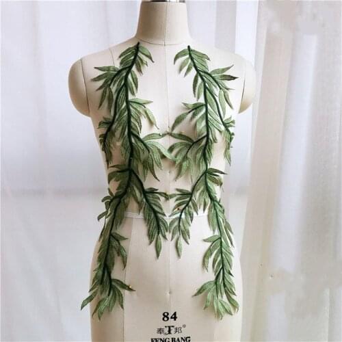 Sewing Lace Fabrics 1 Pair 57cm* 22cm Green Leaf Embroidery Large Lace Applique For Wedding Dress Bridal Gown Sewing Supplies