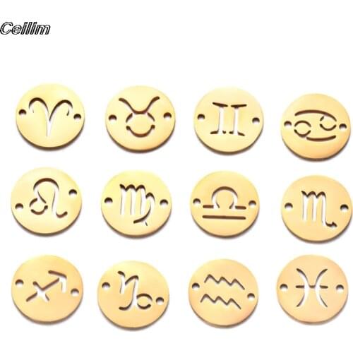 10pcs Stainless Steel Round Zodiac Charms Mirror Polish DIY Constellation Two Holes Connectors Charm Jewerly Making Accessories
