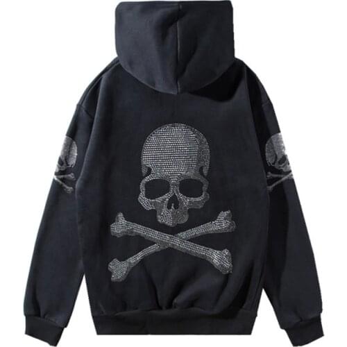 ABOORUN 2021 Mens Punk Skull Beads Pleated Sweatshirts Pure Cotton Black Pullover Hoodies for Male