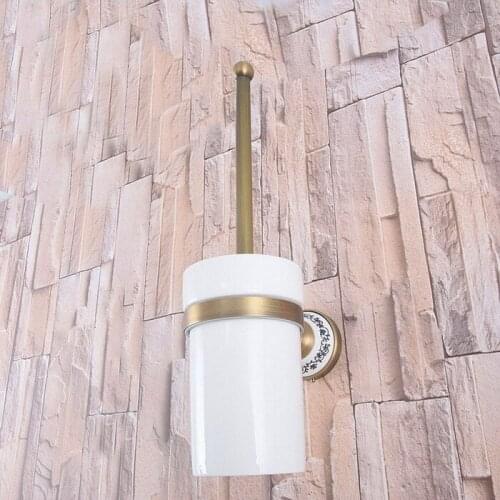 Antique Brass Wall Mounted Toilet Brush & Holder Set White Brush Ceramic Cup Bathroom Accessory aba783