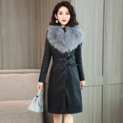 Large Fur Collar Winter Leather Jacket Women Plus Velvet Thick Mid-length Korean Slim And Thin Waist Elegant Leather Jacket Coat