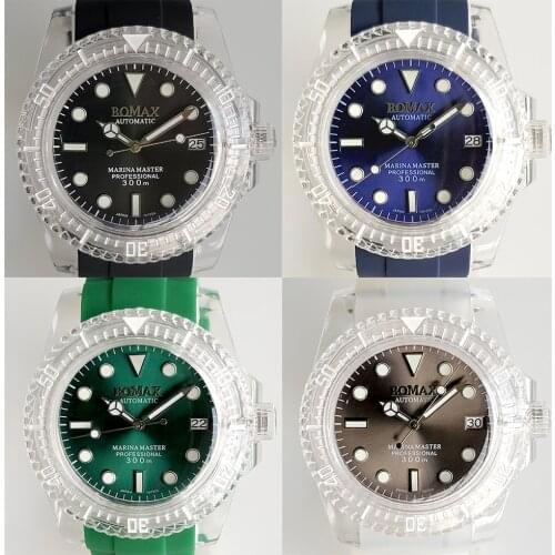 2021 watch is equipped with Japanese NH35 automatic movement 40mm acrylic transparent case silicone strap green luminous 06