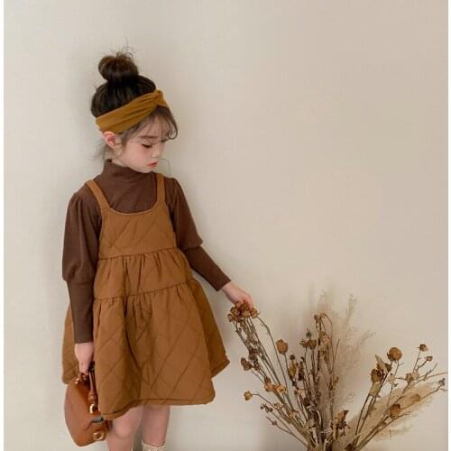 DFXD Autumn Winter Toddler Girls Clothing Sets Fashion Solid Puff Sleeve Half High Collar Bottoming Shirt+Plus Cotton Vest Skirt