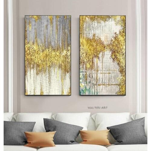 100% hand Painted Abstract Golden Dots Canvas Painting Blue Green Gray Poster Modern Wall Picture Living Room Luxury Wall Art